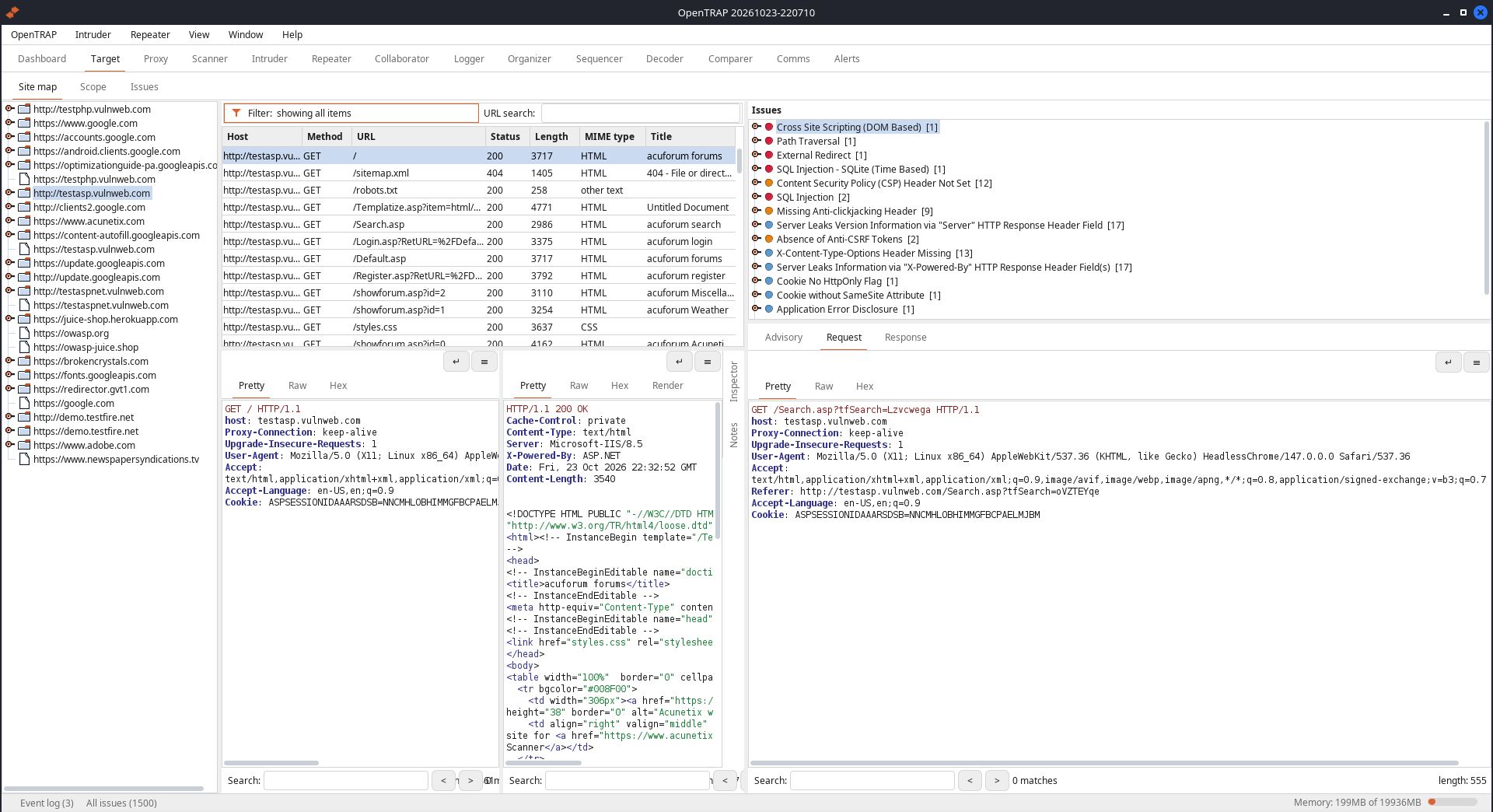 Target tab: site map tree, request list, and the issues found with a full advisory for a reflected cross-site scripting finding