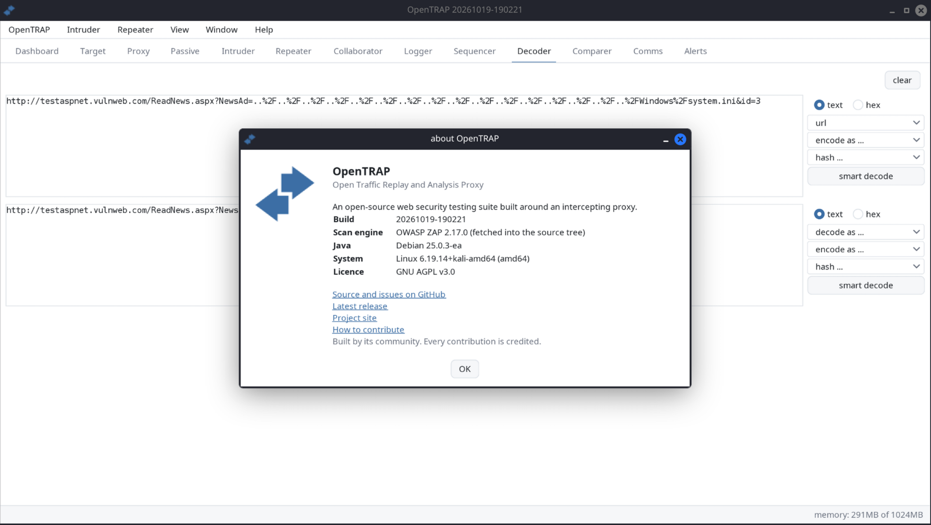About OpenTRAP dialog showing the build, the scan engine in use and where it comes from, the runtime, the licence and project links