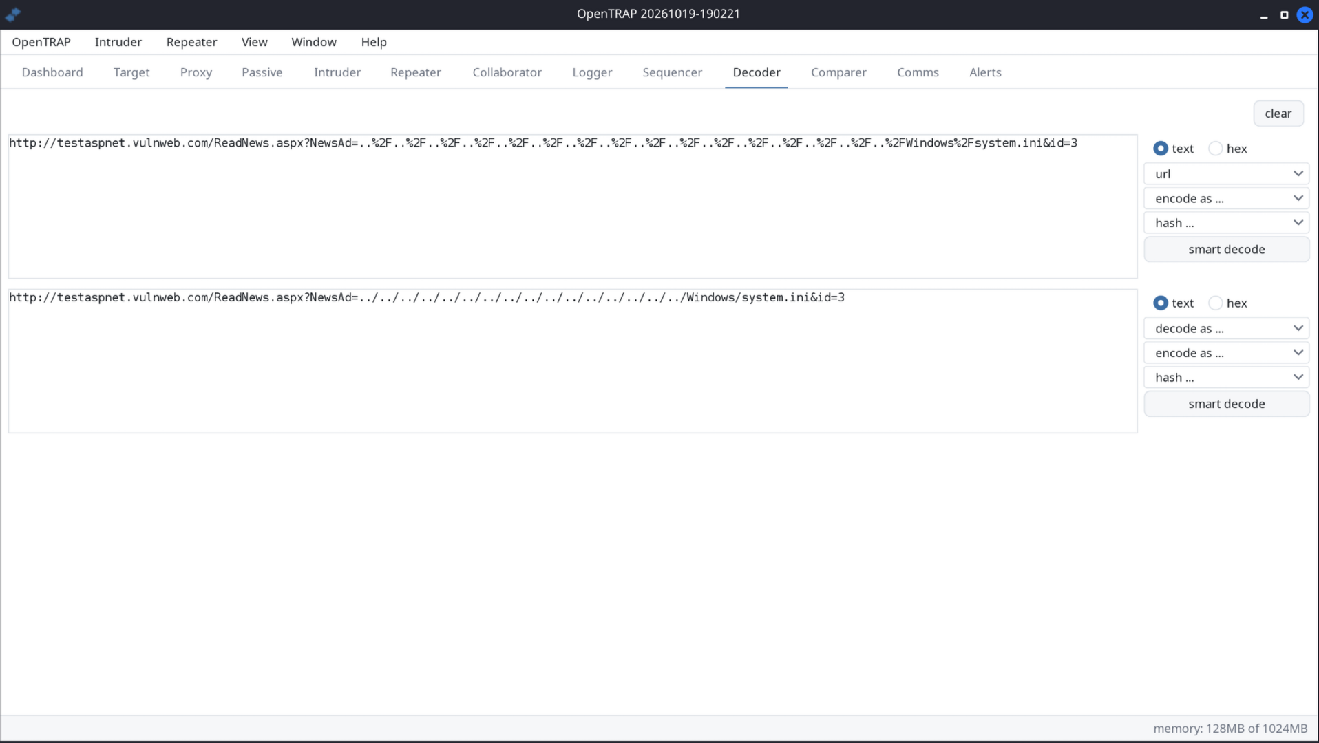 Decoder tab with a URL-encoded path-traversal string decoded to plain text through a transform pipeline