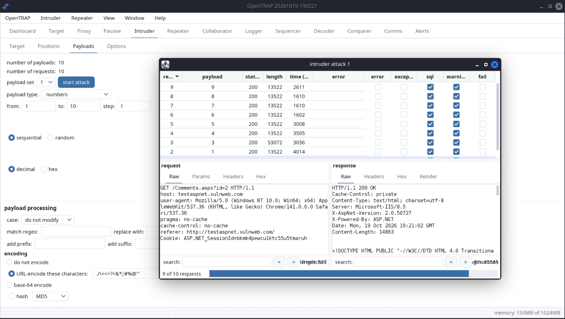 Intruder tab running a sniper attack, with the live attack table of payloads, status, length and timing