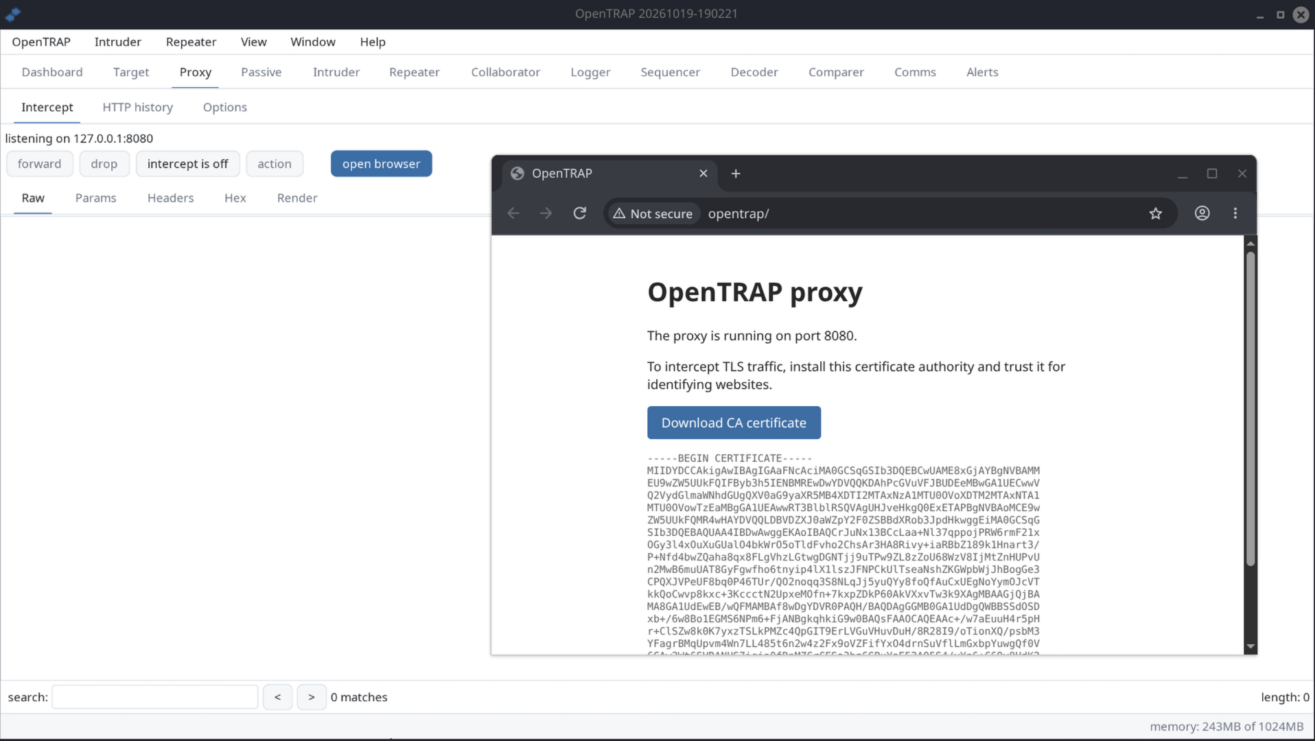 Proxy tab with interception, and the built-in Chromium browser opened from it, routed through the proxy and showing the certificate authority page