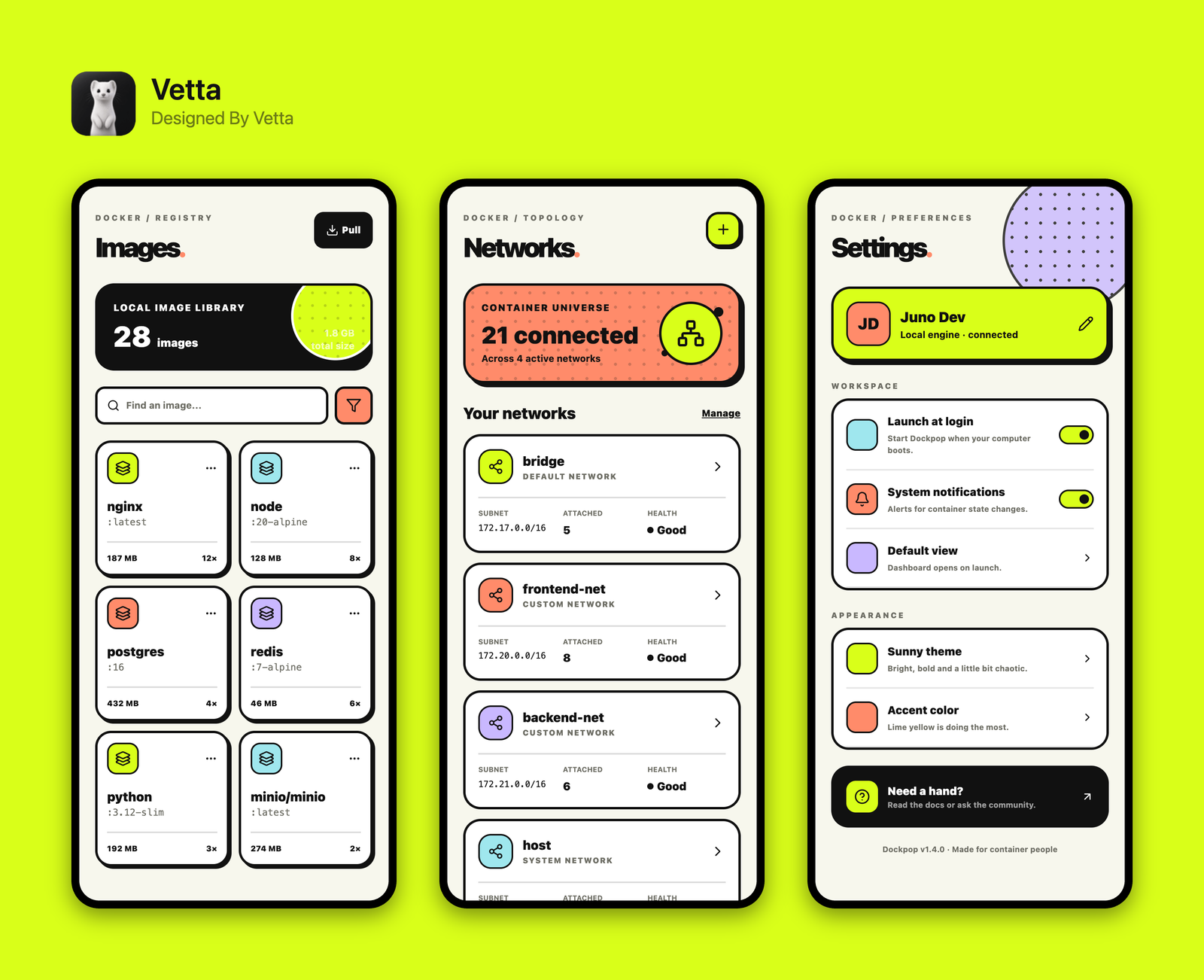 Exported render: three mobile frames laid out on a brand-colour background