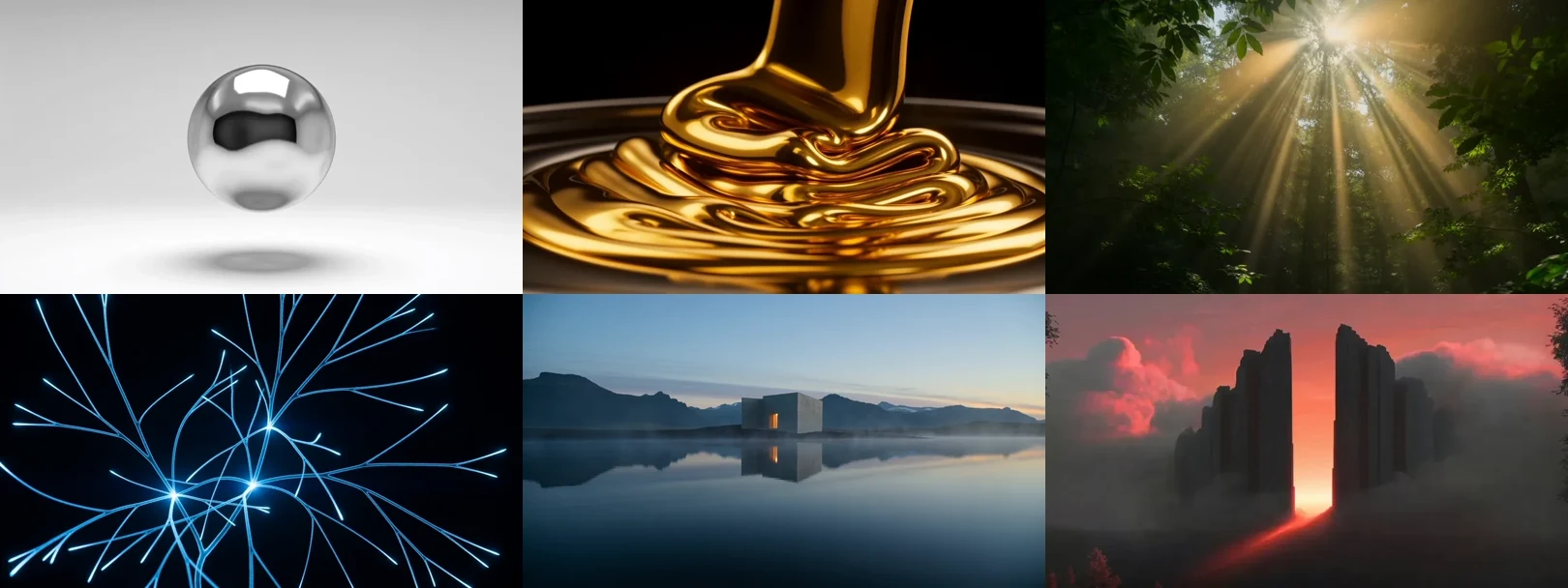 Six cinematic website heroes: a chrome sphere, molten gold, a forest canopy, electric filaments, a house on a mirror lake, and a monolith at sunset