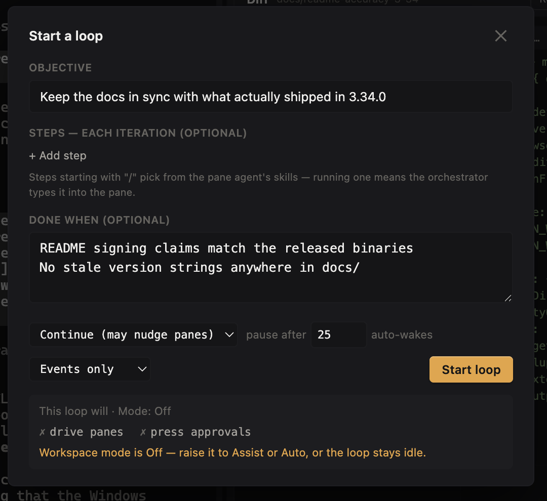 Start a loop — objective, per-iteration steps, done-when checklist, and what the loop is allowed to do