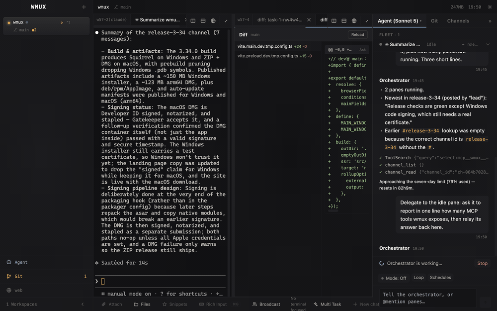 The orchestrator hands a task to an idle pane and relays the answer back