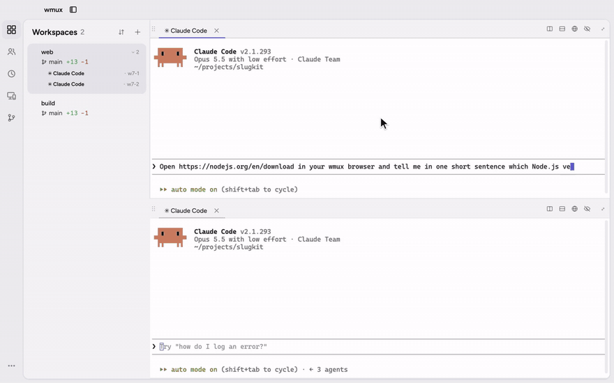 With the dedicated Chrome backend, two agents drive their own tabs (the nodejs.org download page and the Python docs) and answer