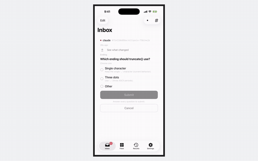 An agent's question in the iPhone Inbox is answered by picking Three dots; the desktop pane receives the answer and the agent edits, tests and commits while the Inbox reads Nothing is waiting on you