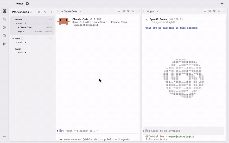 Claude Code changes slugify() and asks Codex in the next pane for a review over wmux; Codex replies with a missing test case, Claude adds it and the tests pass
