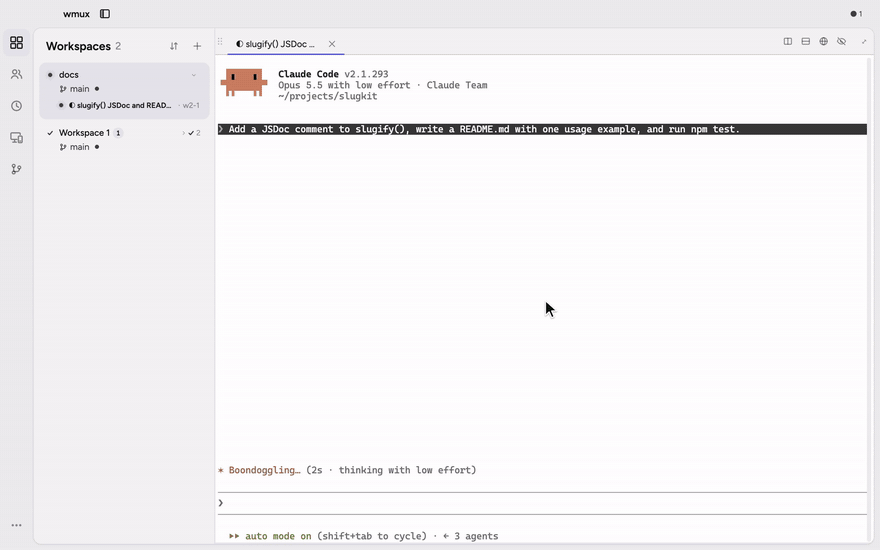 An agent is paused by a usage limit; the pane header shows when it resets, Resume at reset is armed, and at the reset wmux sends the continue message and the agent finishes
