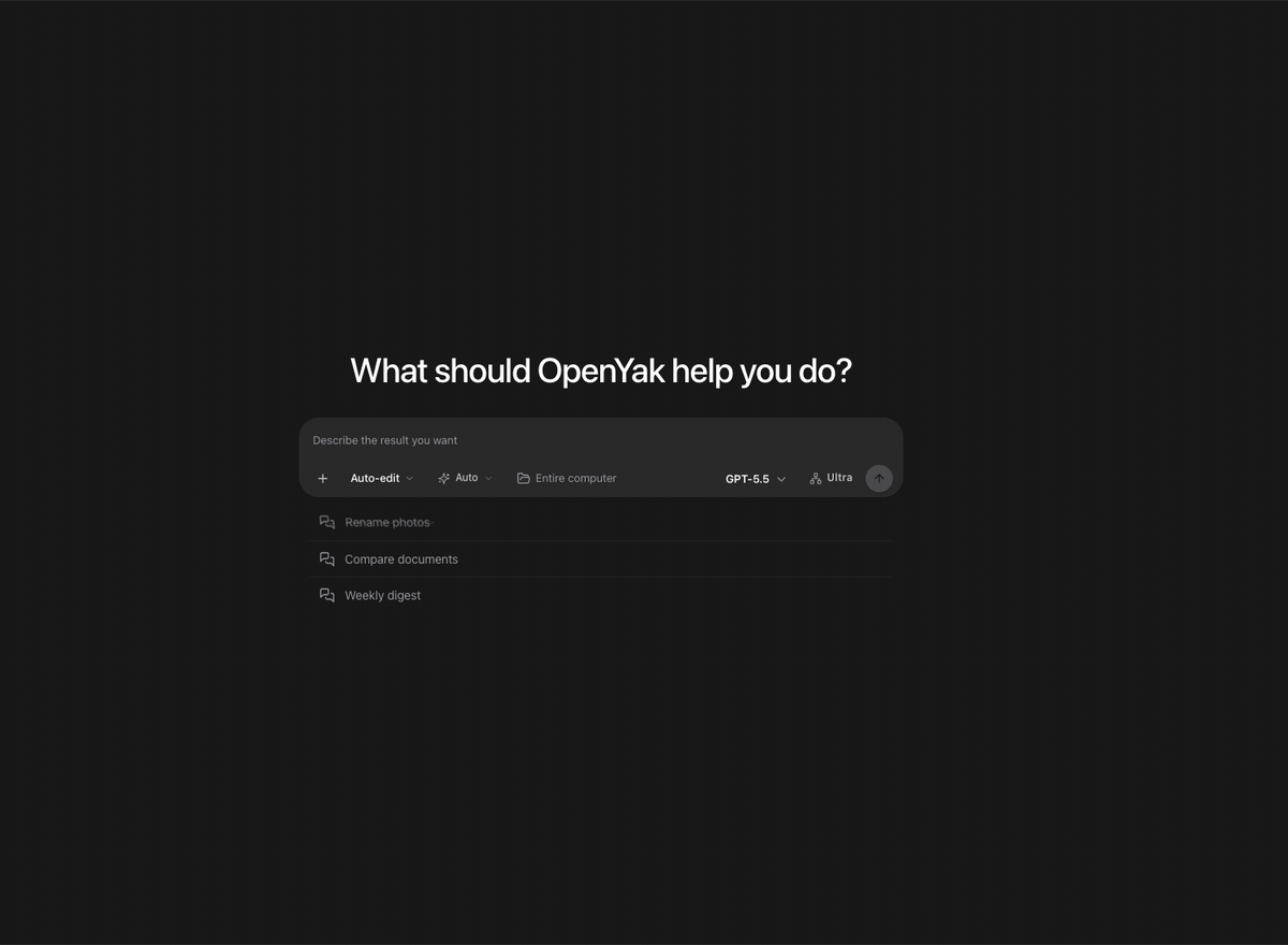 OpenYak switches between a native Computer workspace and a managed Browser, with live view and shared control between the Agent and user