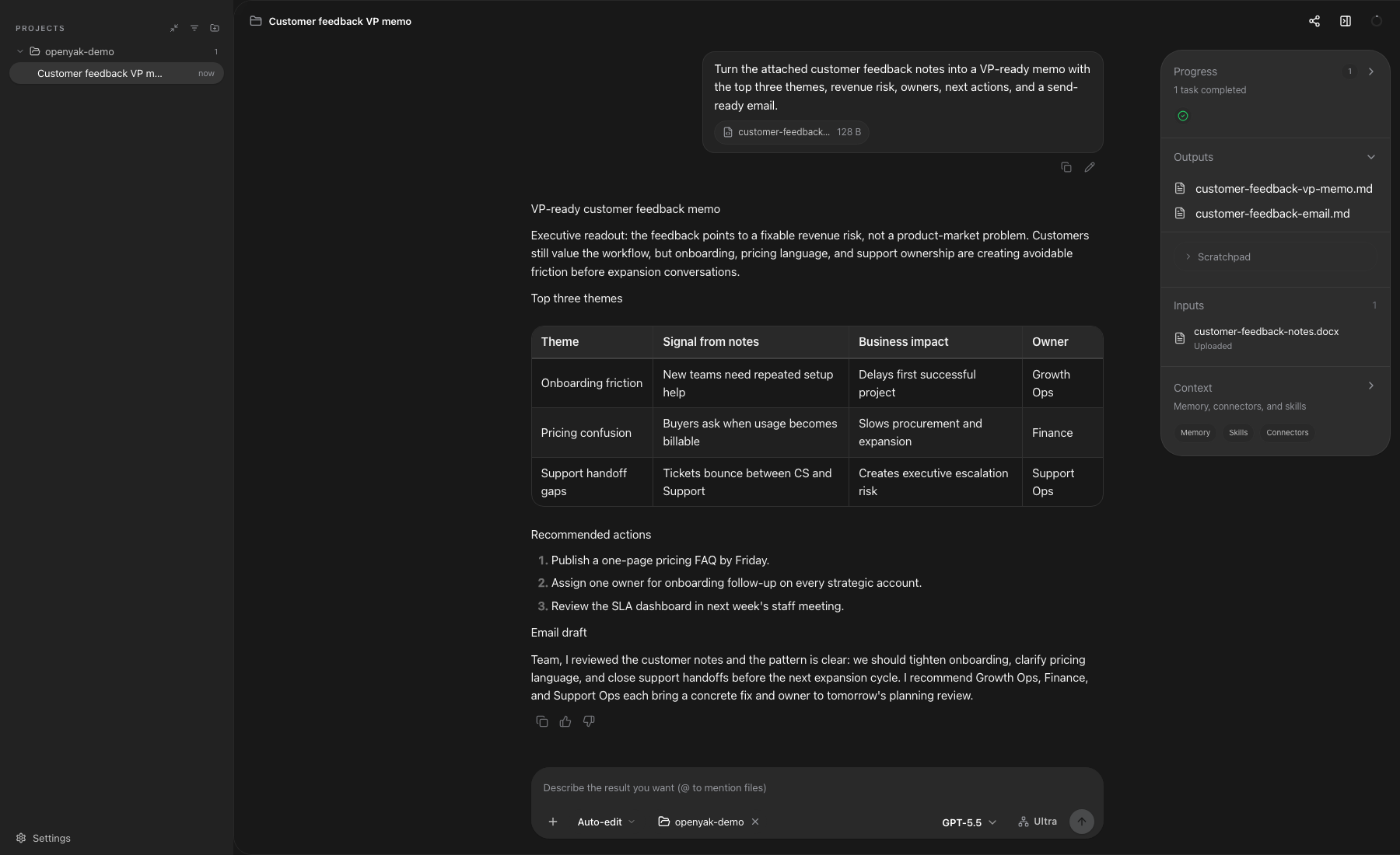 Close-up of a DOCX memo review result in OpenYak