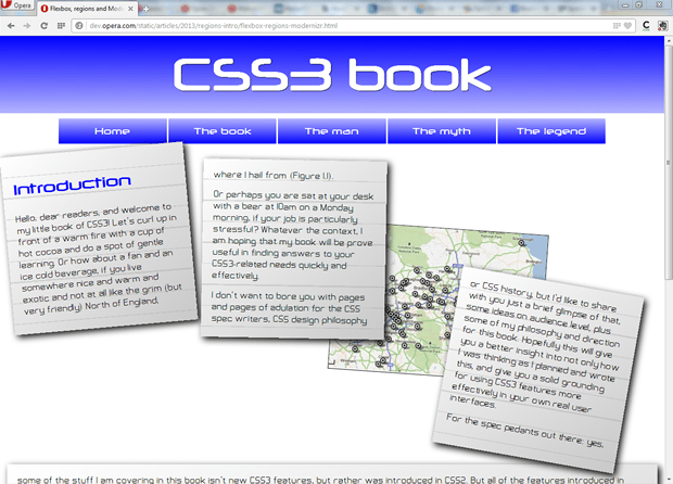 a css regions example showing a complicated layout with content flowed into different boxes