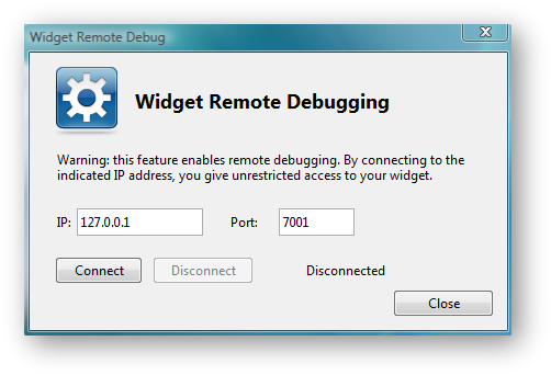 The remote debugging dialog box