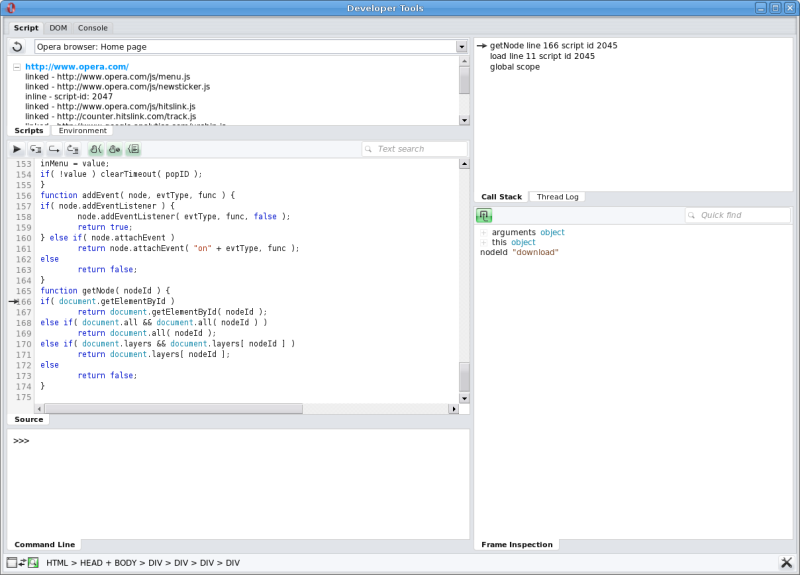 Dragonfly showing the ECMAScript debugger on www.opera.com