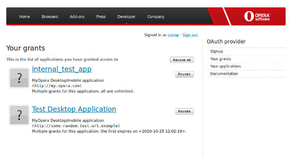 An example of an Opera grant management page