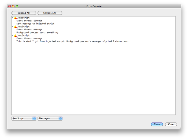 Image of Error console showing the messages sent to it by the extension