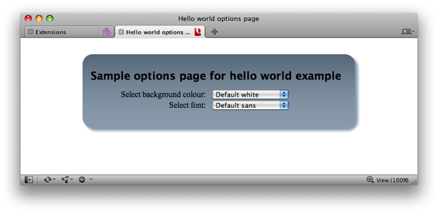Our sample options page featuring two select boxes from which to choose preferences.
