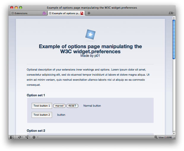 The options page for our sample extension, containing a form allowing the user to set preferences for the extension.
