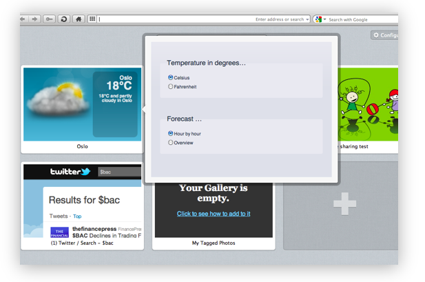 The callout pane of the options page for speed dial extensions.