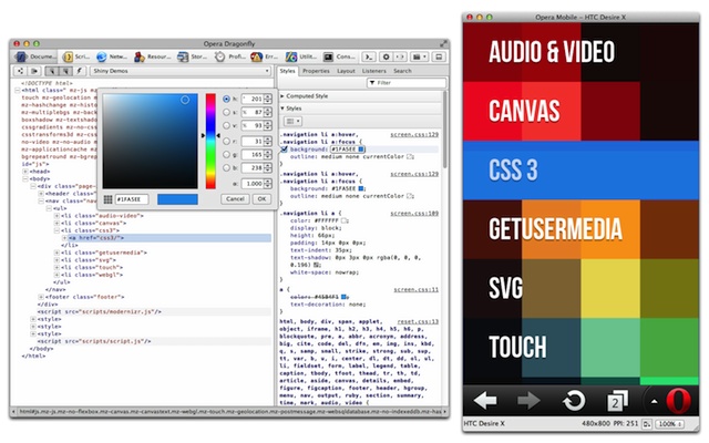 Opera Dragonfly debugging a Web page in Opera Mobile Emulator