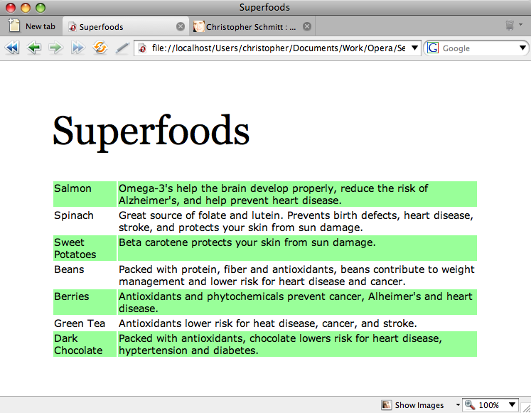 the same example table as before with zebra stripes created using nth child