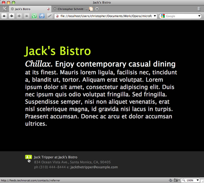 An hCard styled to fit into a Web page footer