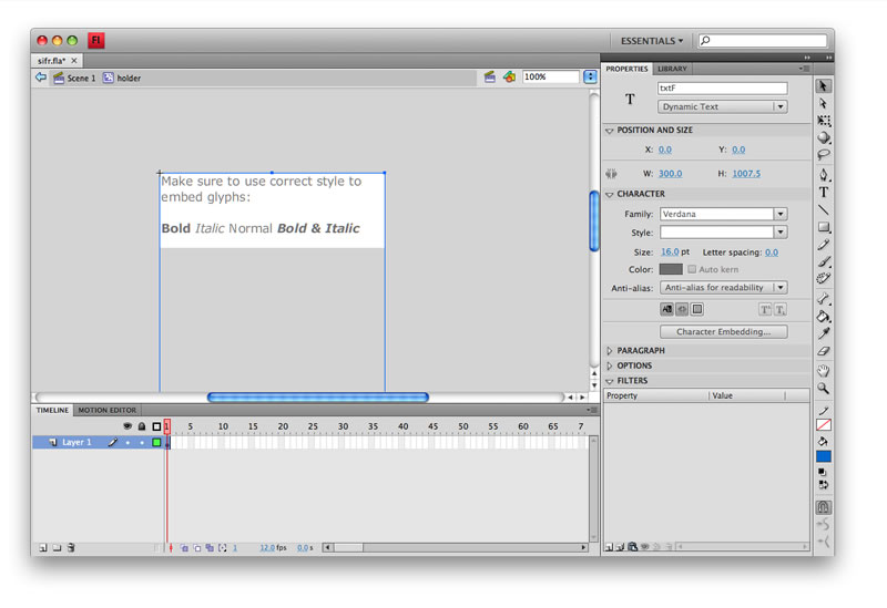The sifr file opened in Flash