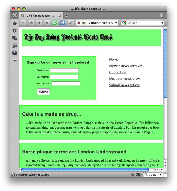 simple two column example changed to one column dynamically using a media query