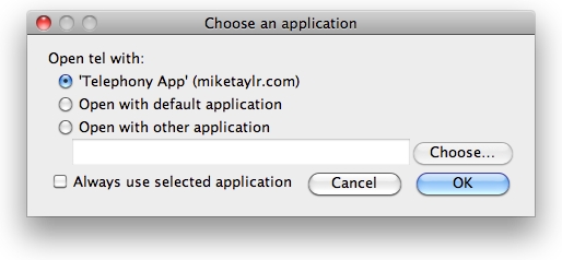 once the registration has been allowed, the user is now given the choice of handling the custom protocol with the custom handler application.