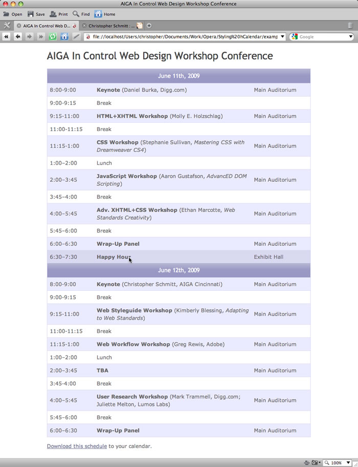 a rollover effect on the table rows and a link to download the schedule