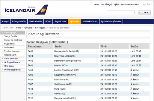 The arrivals and departures table on the main Icelandair web site