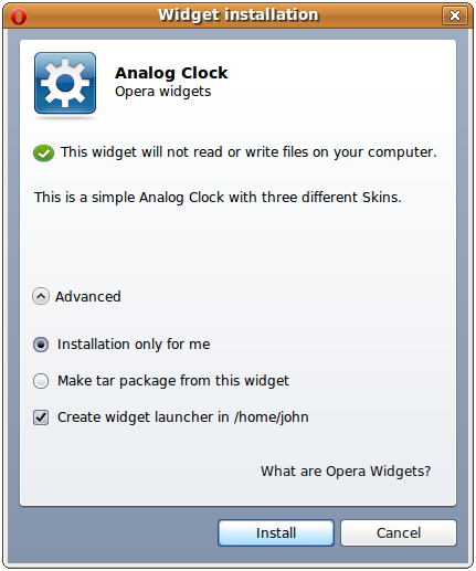 The Widget installation dialog box for Linux