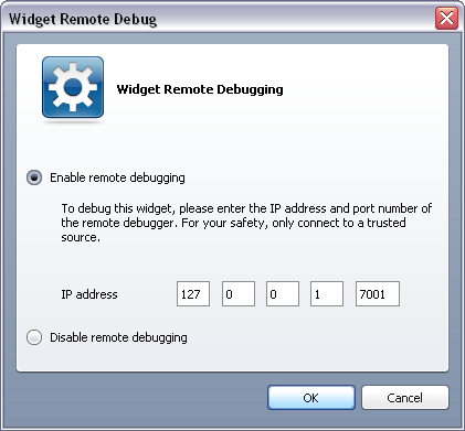 The remote debugging dialog box