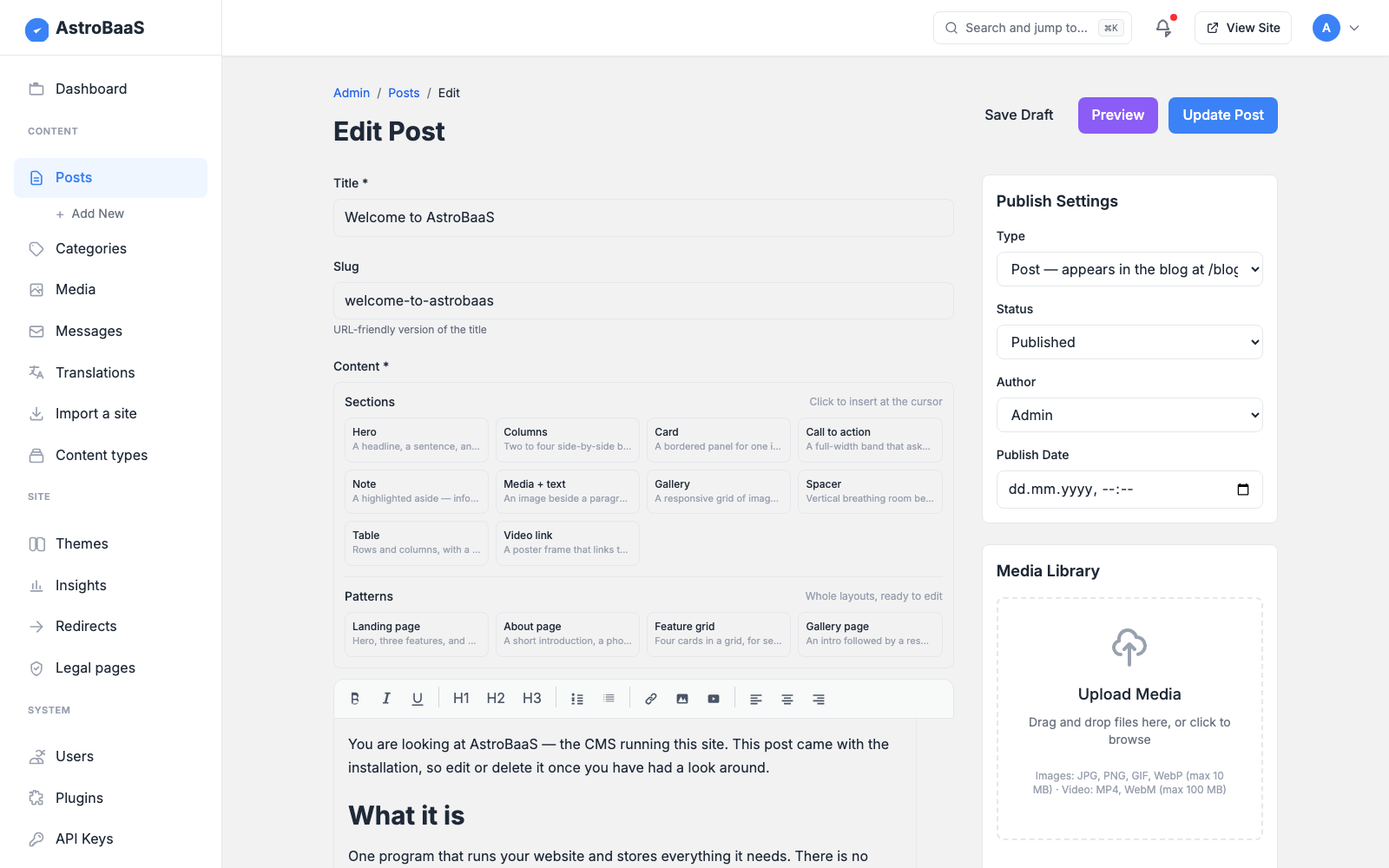 Post editor with the sections palette