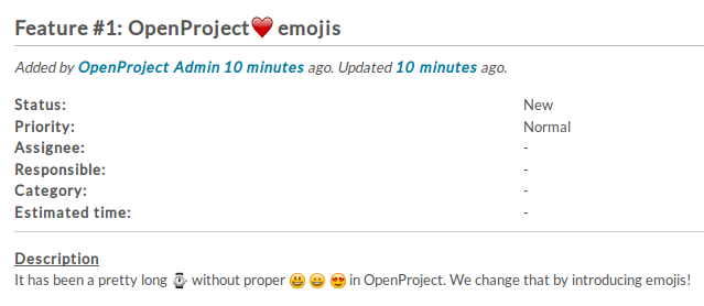 Screenshot of emojis in OpenProject