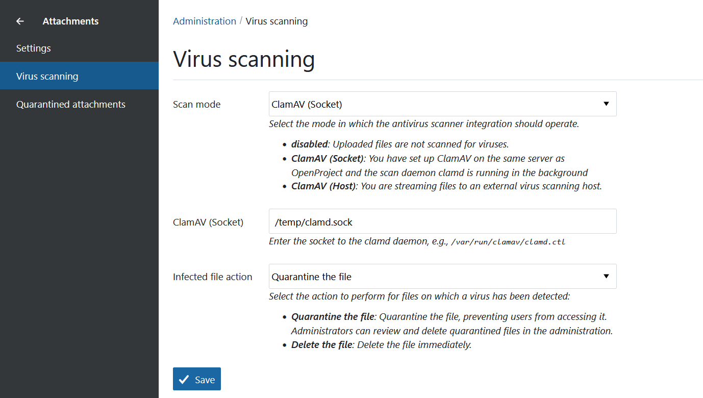 OpenProject's admin settings for virus scanning with ClamAV