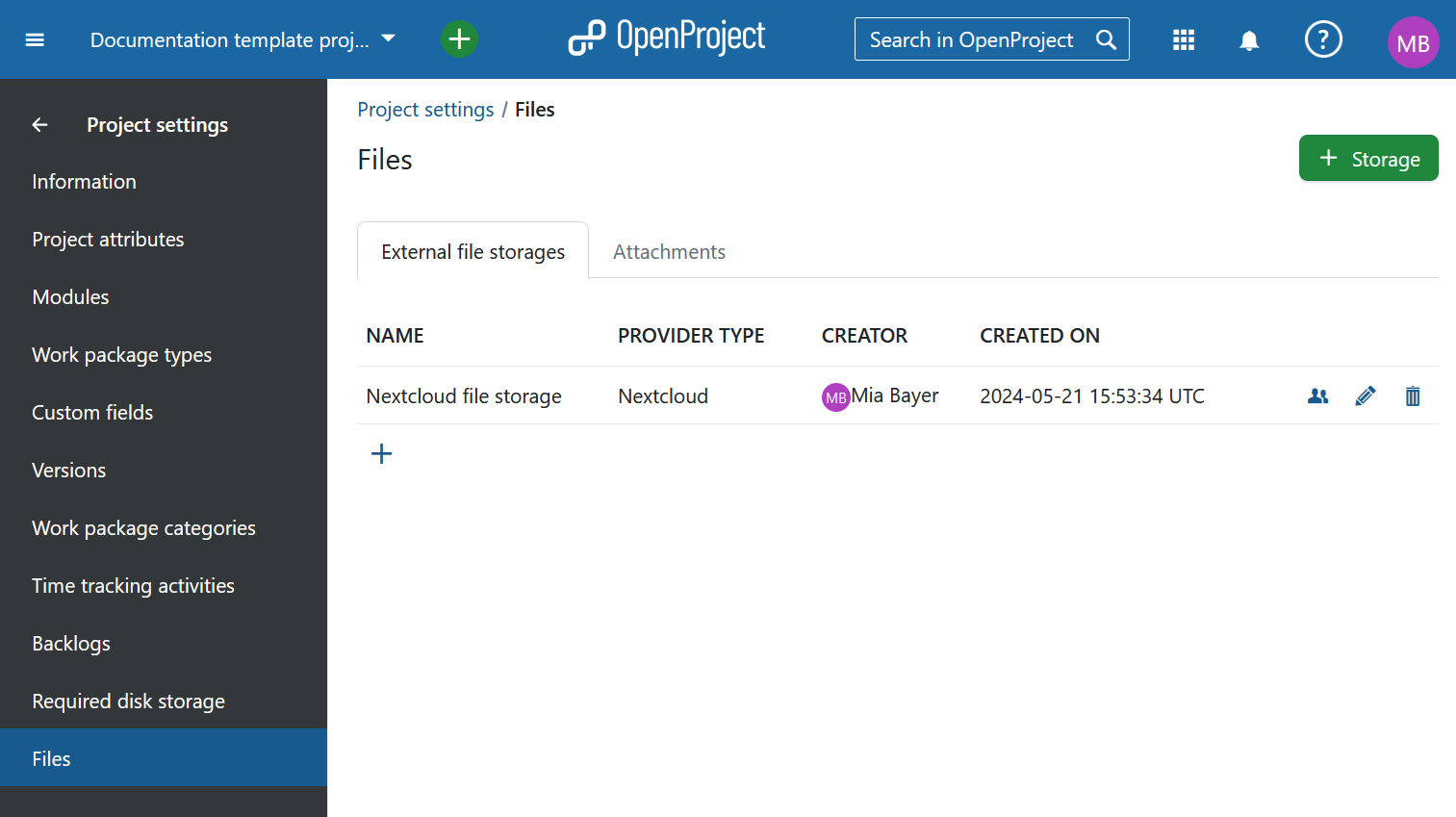 External file storages under project settings in OpenProject