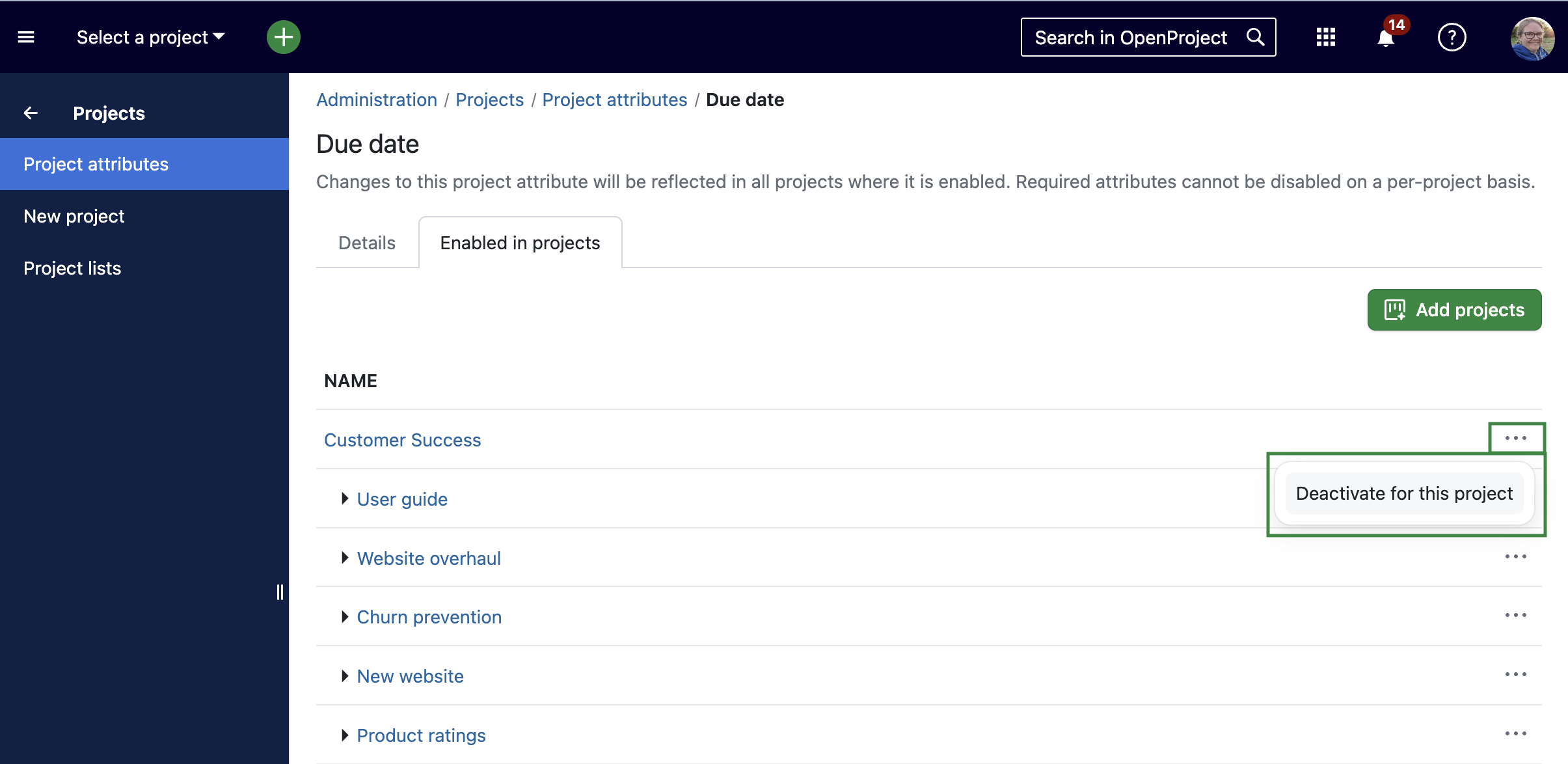 Configure which projects are activated for a project attribute