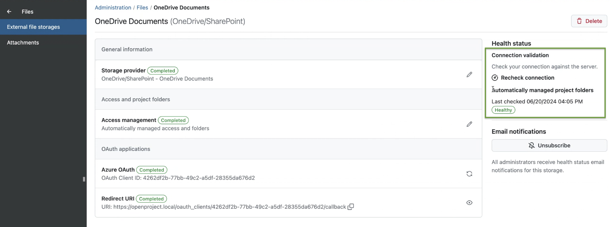 Admin settings for external OneDrive file storages, with Connection validation highlighted