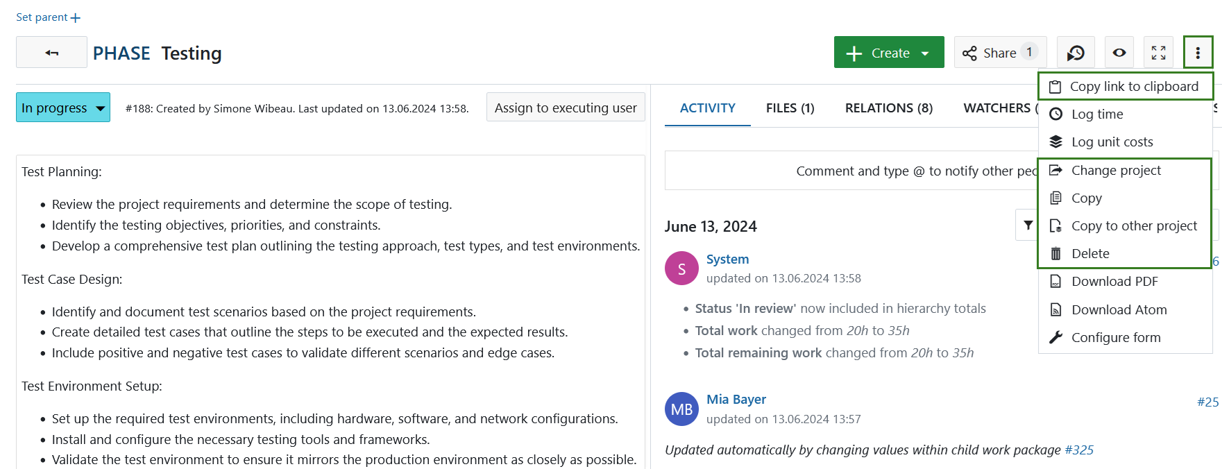 Detailed view of a work package, drop down menu with highlighted 'Copy link to clipboard'