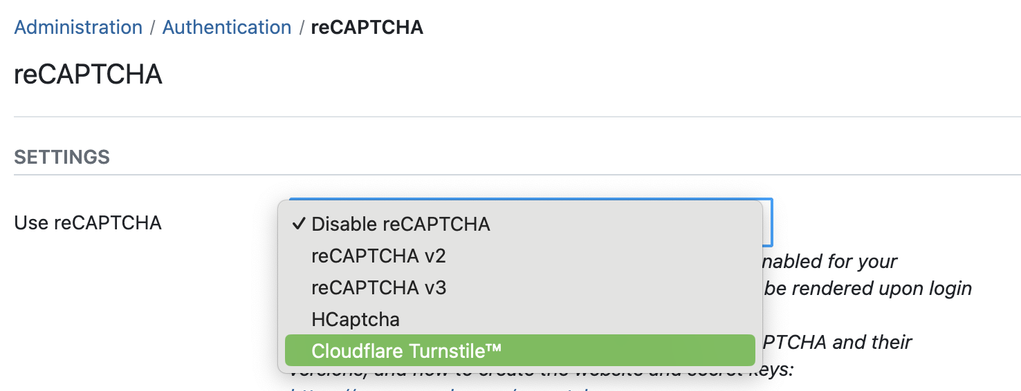 Screenshot showing OpenProject authentication administration with dropdown to choose CloudFlare Turnstile as Captcha