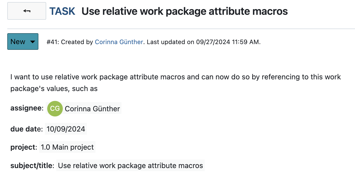 Screenshot showing a work package with macros in the description