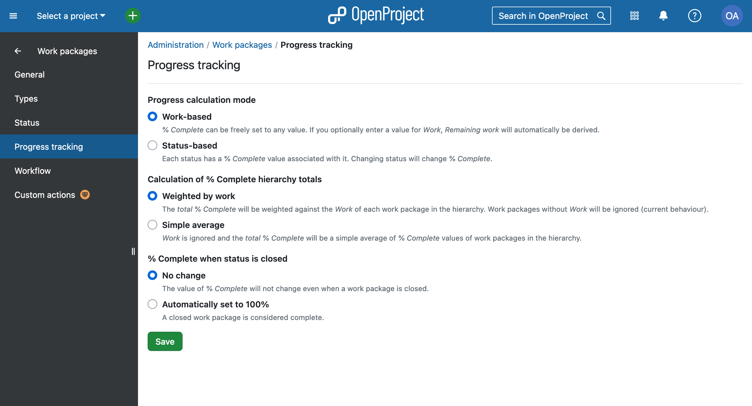 Screenshot of the new admin page for progress tracking with OpenProject 14.6