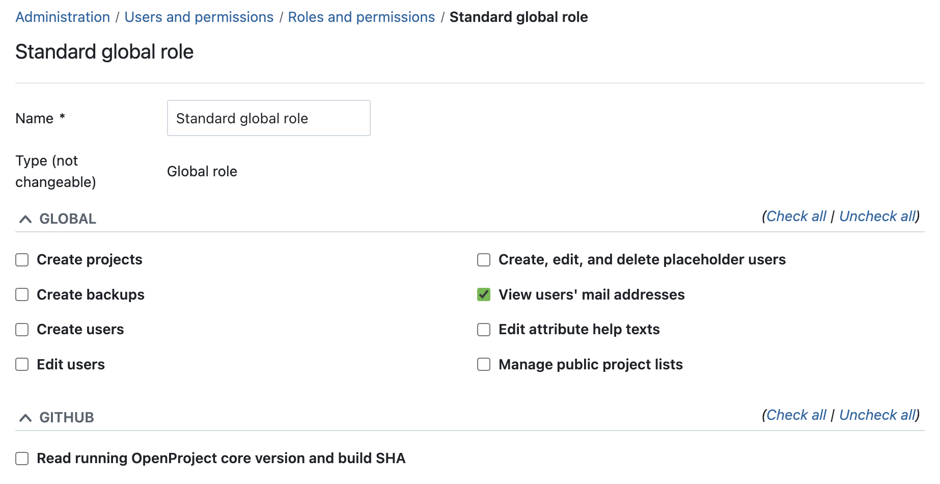 Example screenshot of permissions view for the new Standard global role, with checkmark at 'View users' mail addresses