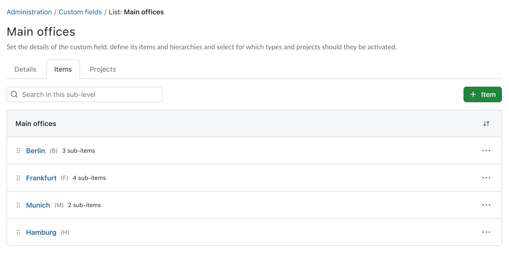 Example screenshot of custom fields of type hierarchy, displaying different cities as main offices