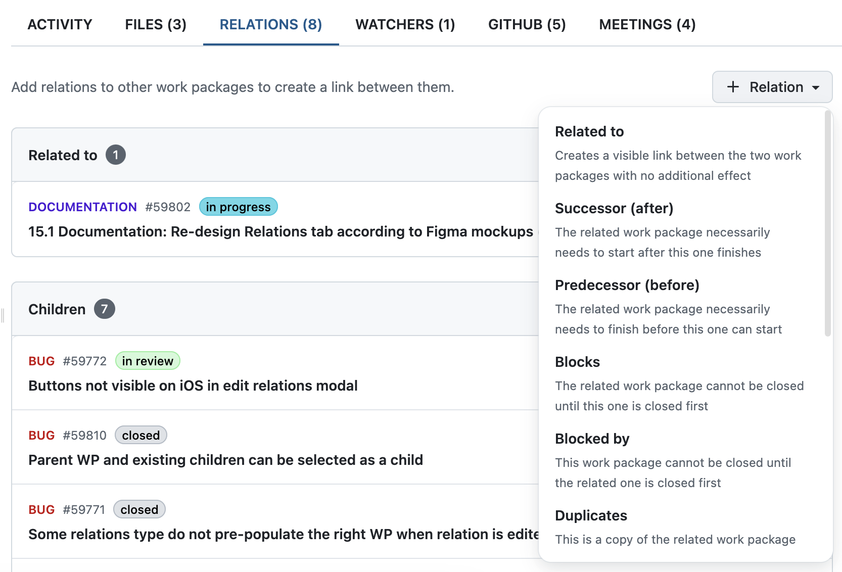Screenshot showing the new Relations tab in a work package
