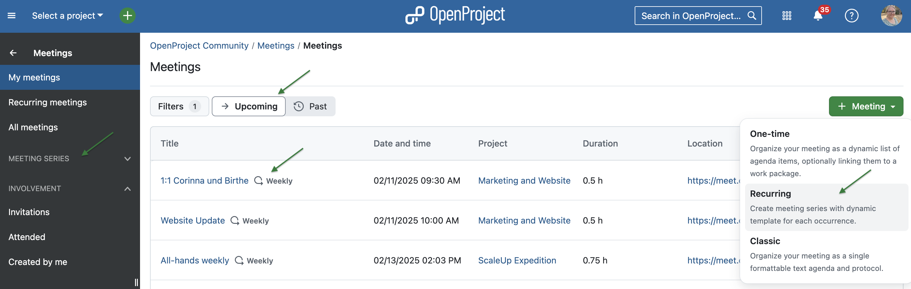 Example screenshot of new Meetings overview page with OpenProject 15.3, including Recurring meetings, Meeting series