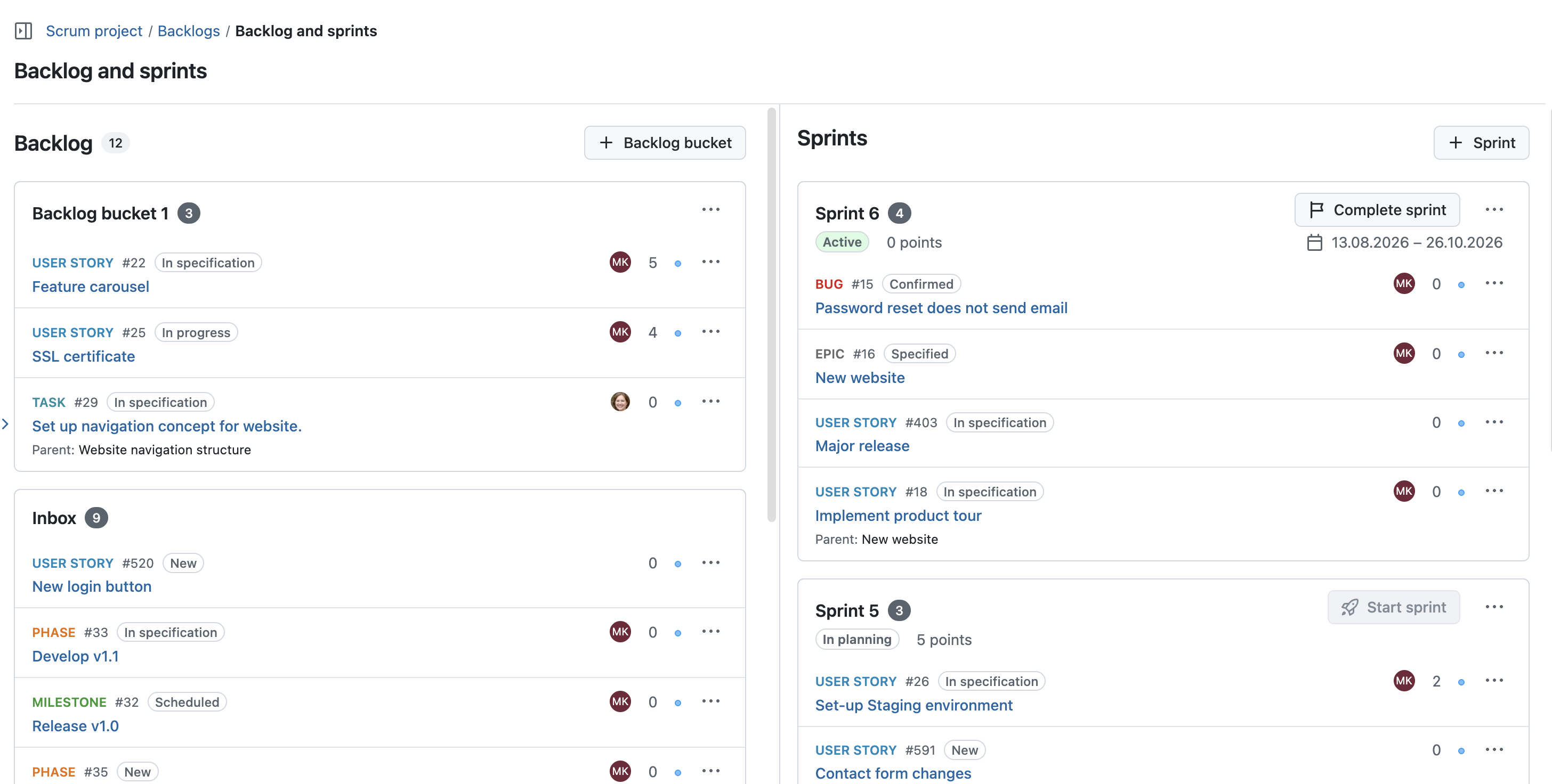 Backlog and sprints view in OpenProject 17.5