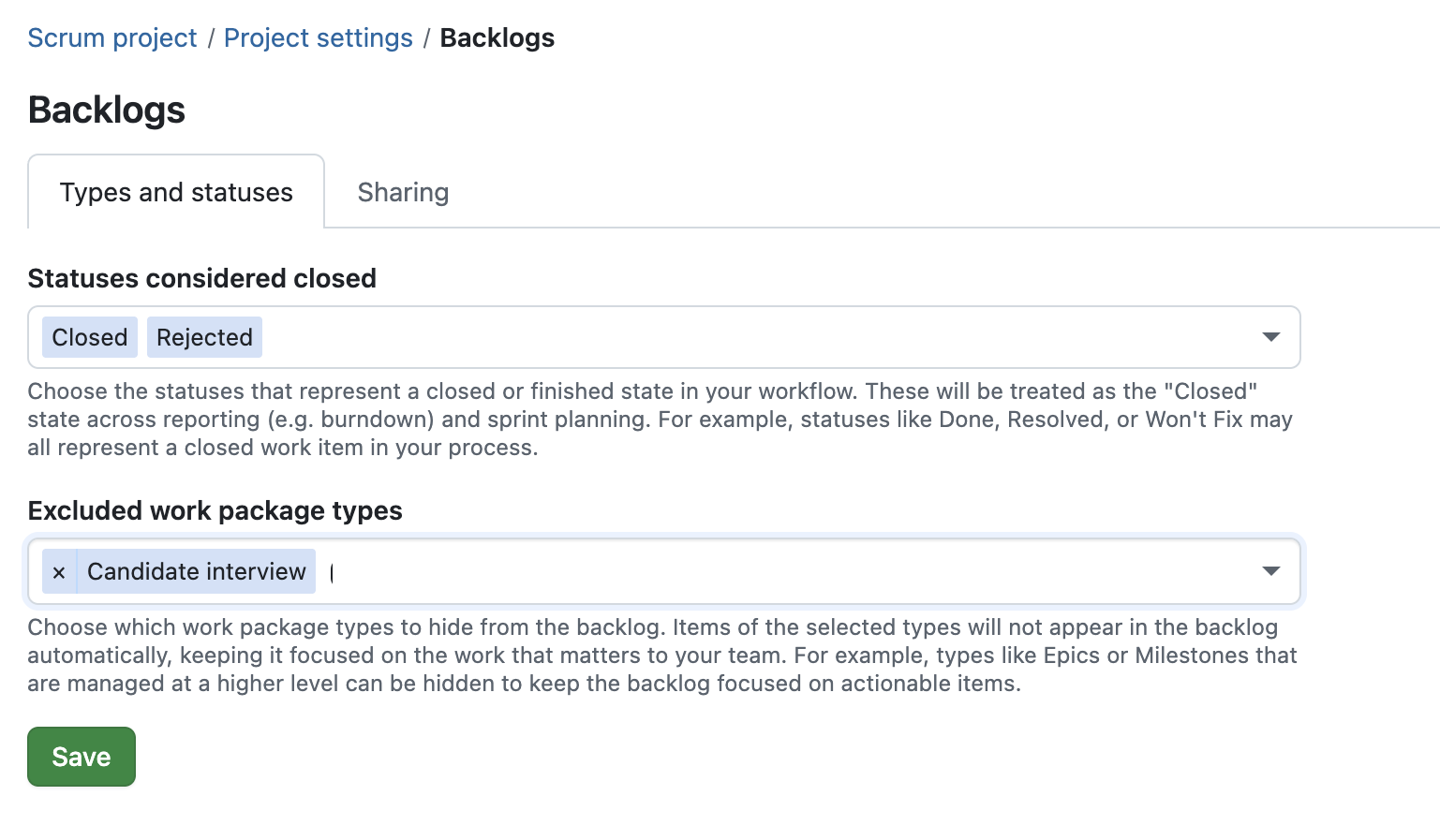 Backlogs settings in OpenProject: Excluded work package types with example 'Candidate interview'