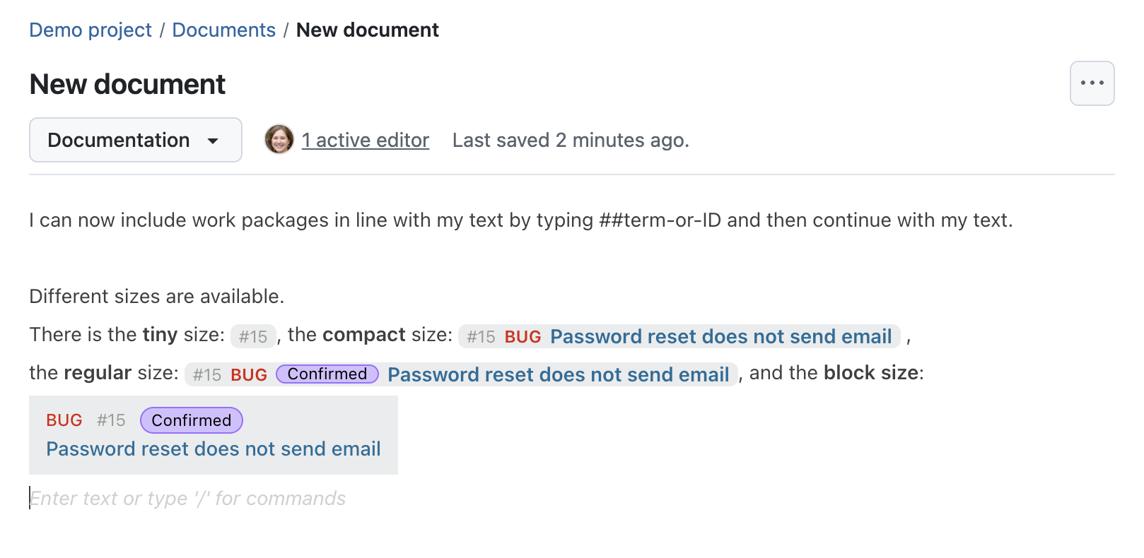 OpenProject Documents with an example how to link work packages and display them in-line, using different sizes
